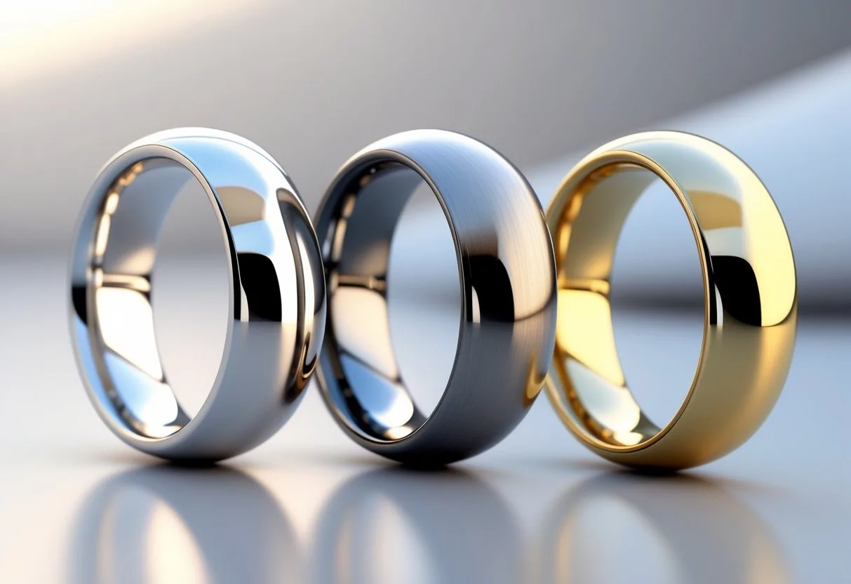Trois bagues en métal différentes posées côte à côte sur une surface réfléchissante, montrant l'argent, l'acier et le plaqué or.