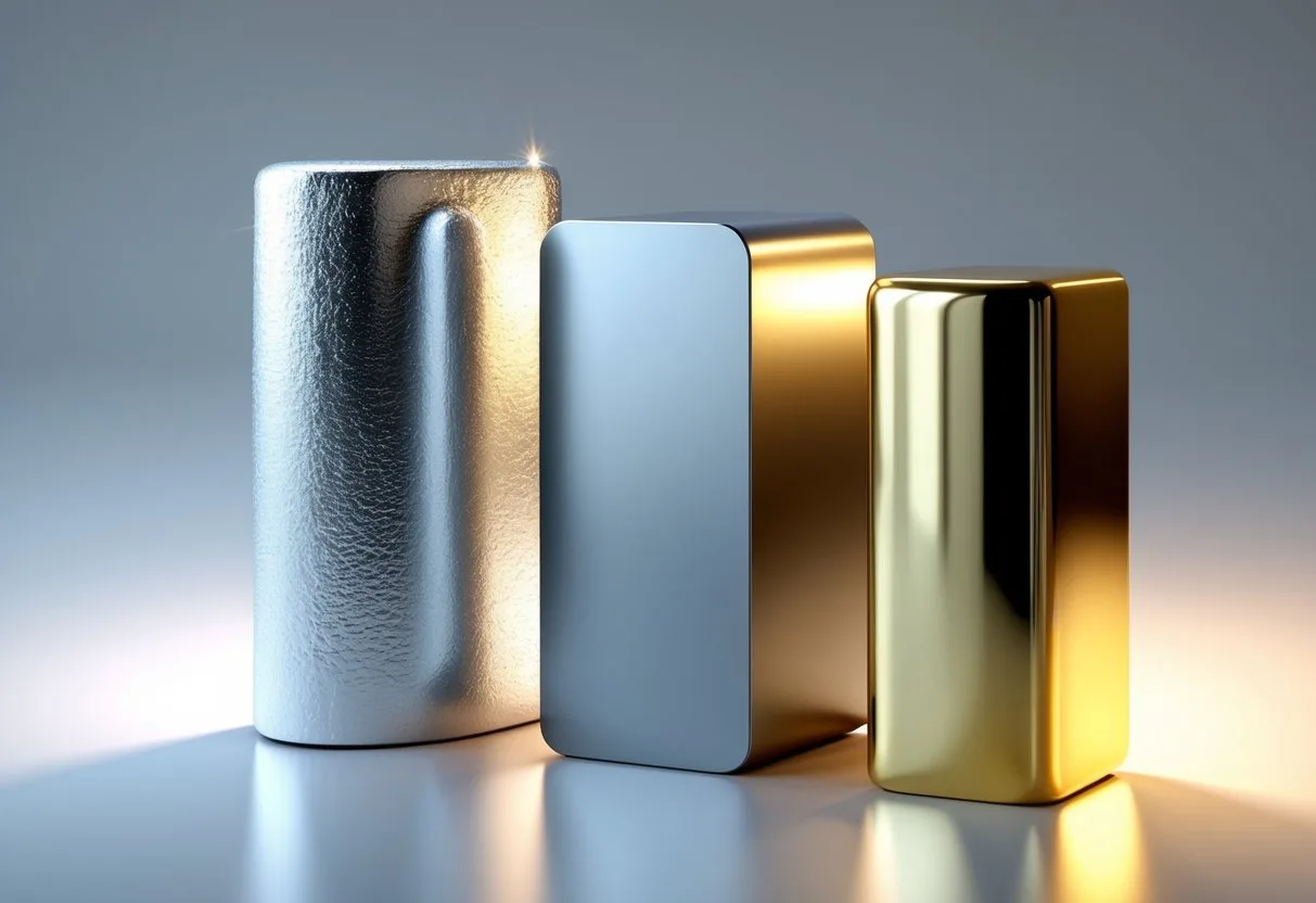 Trois morceaux de métal posés côte à côte : un en argent brillant, un en acier moderne et un en plaqué or doré, sur une surface réfléchissante.