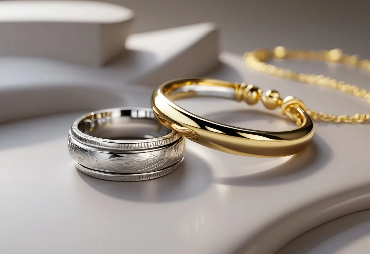 Trois bijoux posés ensemble : une bague en argent, un bracelet en acier inoxydable et un collier plaqué or sur une surface neutre.