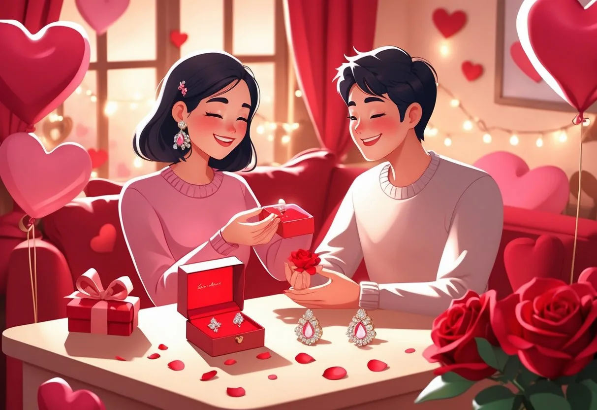 Un couple échange des boucles d’oreilles comme cadeau de Saint-Valentin dans une pièce décorée avec des roses et des ballons en forme de cœur.