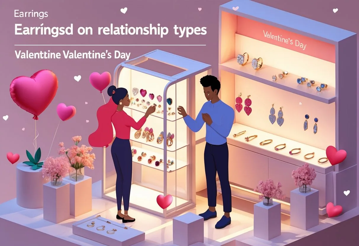Un couple choisissant des boucles d’oreilles dans une boutique décorée pour la Saint-Valentin.
