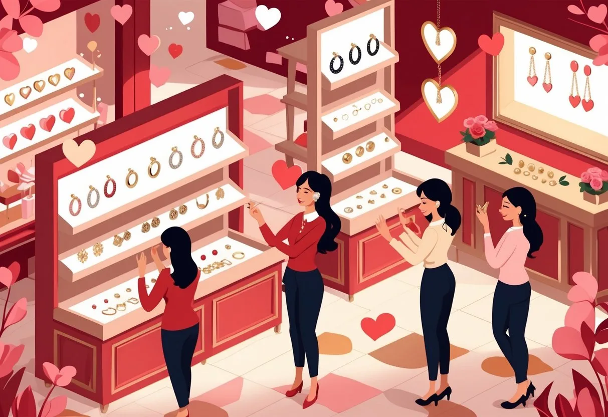 Une boutique élégante où plusieurs femmes choisissent des boucles d’oreilles selon leur personnalité, avec des décorations de la Saint-Valentin.