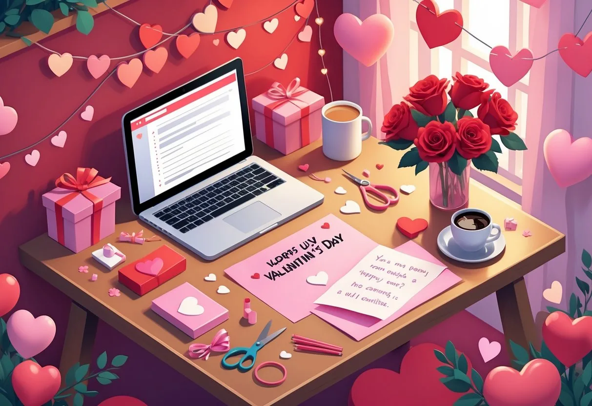Un bureau avec des matériaux d'artisanat, des cadeaux, des roses et un ordinateur portable, prêt pour créer des cadeaux personnalisés de la Saint-Valentin.