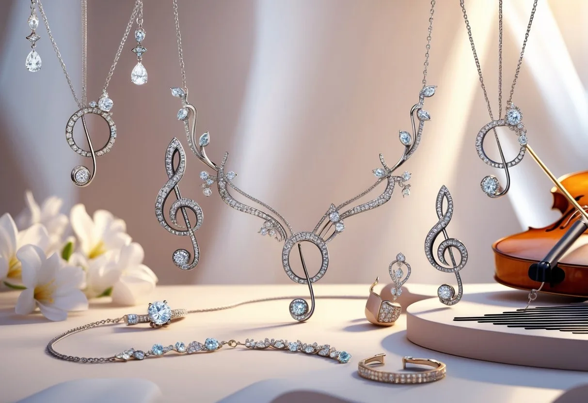 Bijoux élégants inspirés par des éléments musicaux comme des notes et des ondes sonores, avec un instrument de musique en arrière-plan.