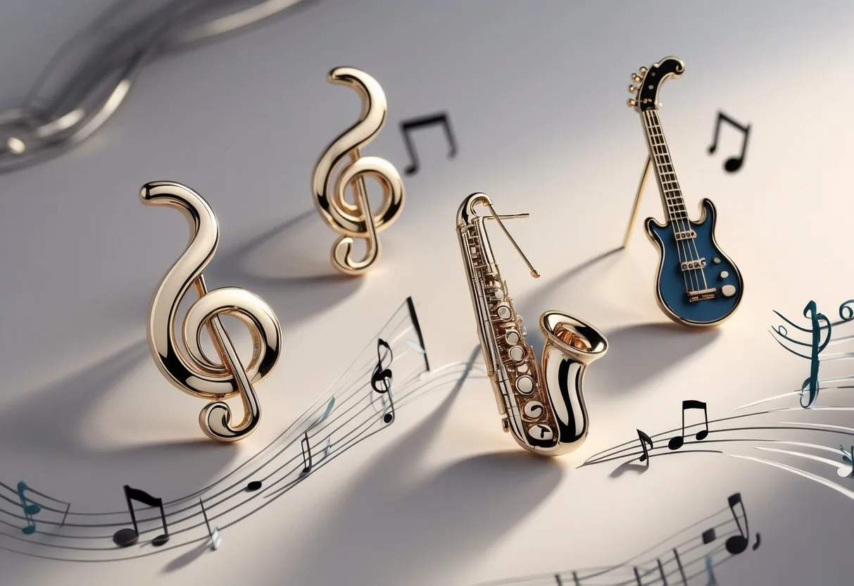 Une collection de boucles d’oreilles inspirées par différents styles musicaux, présentées sur un fond neutre avec des éléments musicaux subtils en arrière-plan.