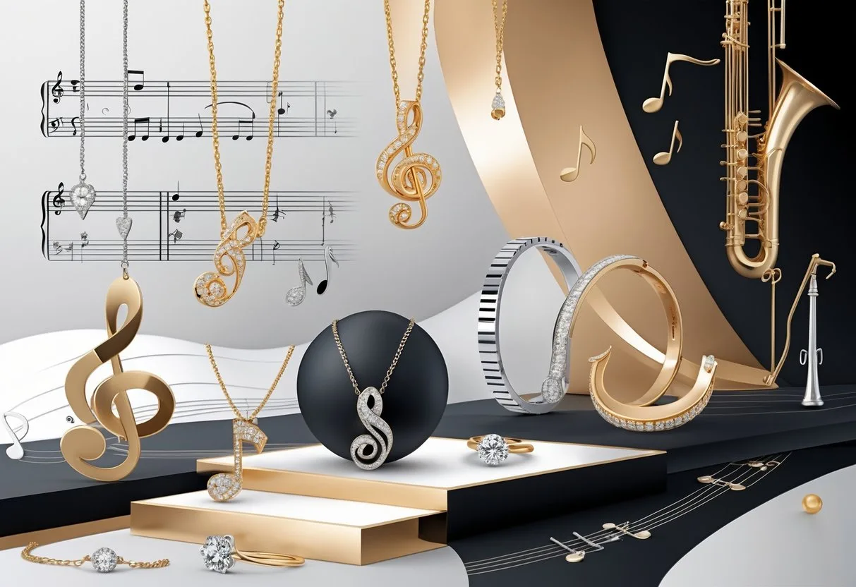 Des bijoux élégants inspirés de la musique, comprenant des colliers avec des pendentifs de touches de piano, des bracelets en forme de notes de musique et des bagues évoquant des cordes de guitare, présentés avec des éléments musicaux en arrière-plan.