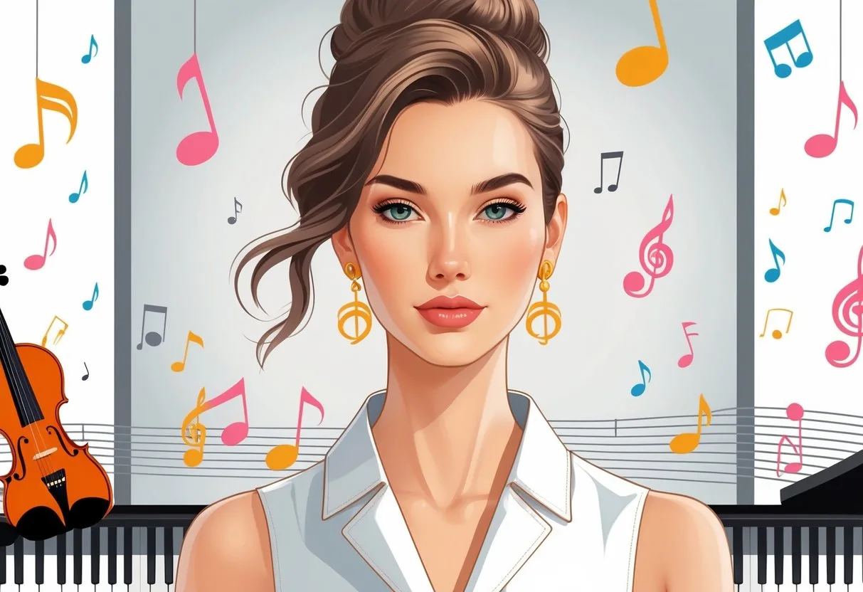 Une femme élégante portant des boucles d’oreilles en forme de notes de musique dans un environnement moderne avec des éléments musicaux en arrière-plan.