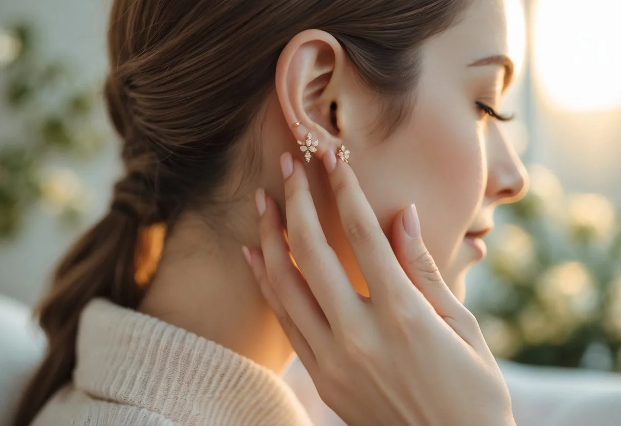 Gros plan sur l'oreille d'une femme portant des boucles d'oreilles, sa main touche doucement son lobe, évoquant un moment de bienveillance envers soi-même.