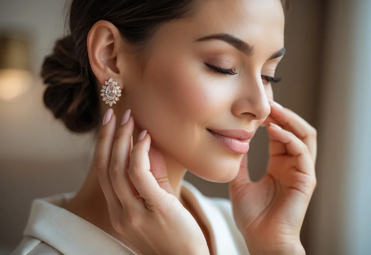 Une femme souriante touche doucement ses boucles d’oreilles dans un intérieur lumineux et minimaliste.
