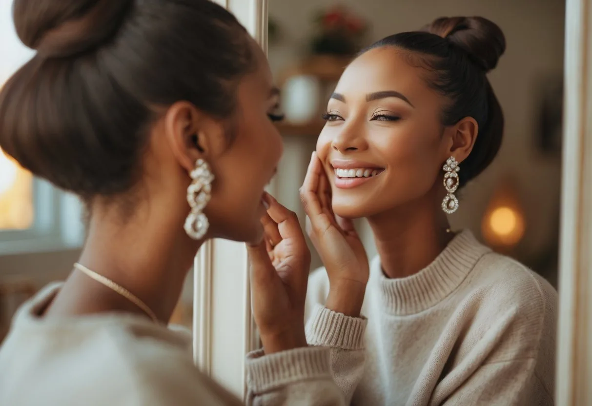 Une jeune femme souriante regarde son reflet dans un miroir en touchant ses boucles d’oreilles élégantes.
