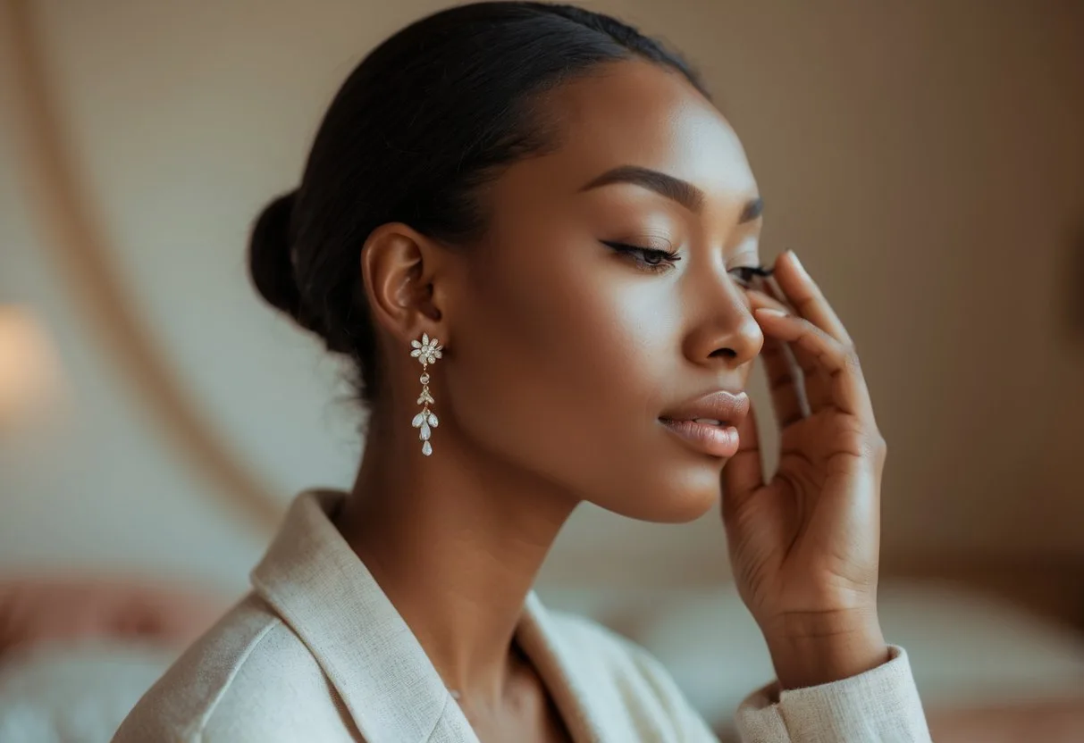Une jeune femme touchant doucement ses boucles d’oreilles avec une expression paisible et confiante.