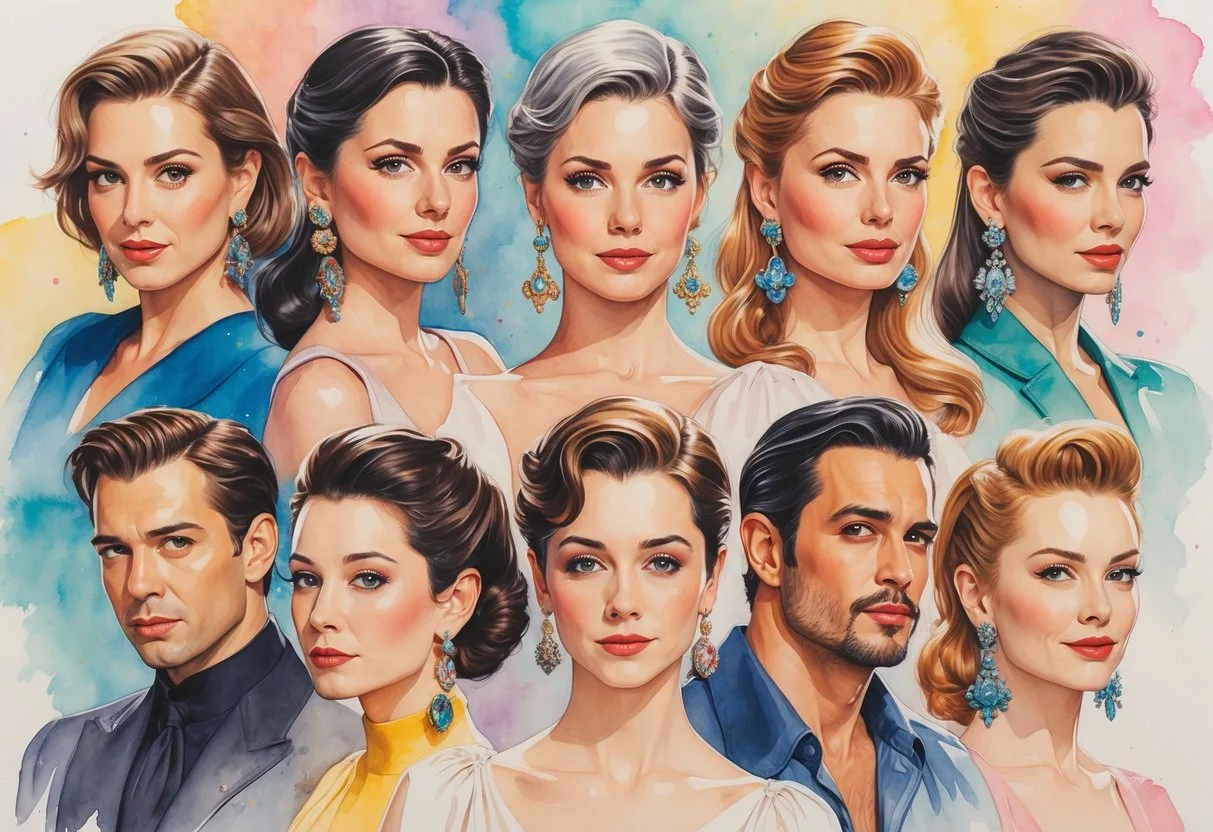 Plusieurs personnages célèbres du cinéma portant des boucles d’oreilles distinctives, réunis dans une composition harmonieuse.