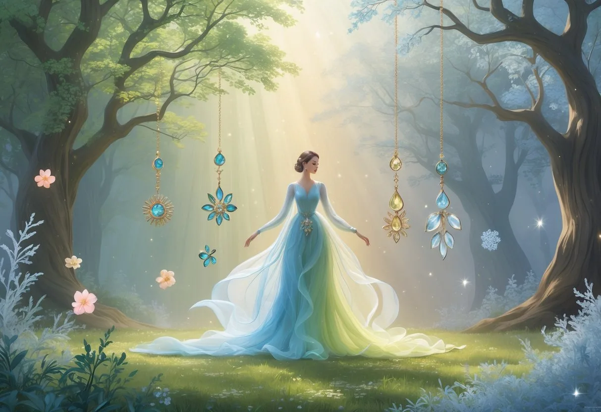 Une figure élégante dans une clairière forestière illuminée, entourée d’éléments représentant les quatre saisons, portant des boucles d’oreilles délicates inspirées de la nature.