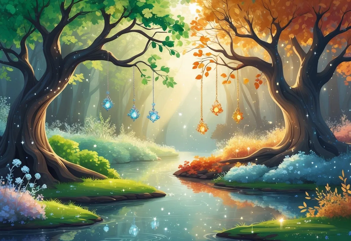 Une scène de forêt avec des branches représentant les quatre saisons, portant des boucles d'oreilles délicates, entourée d'une lumière douce et magique.