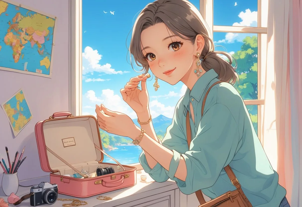 Une jeune femme prépare sa valise dans une chambre ensoleillée, choisissant une paire de boucles d’oreilles légères sur sa coiffeuse.