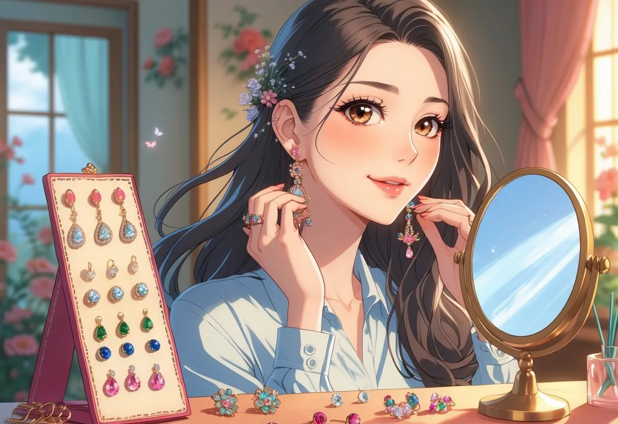 Jeune femme choisissant des boucles d’oreilles devant un miroir dans une pièce chaleureuse.