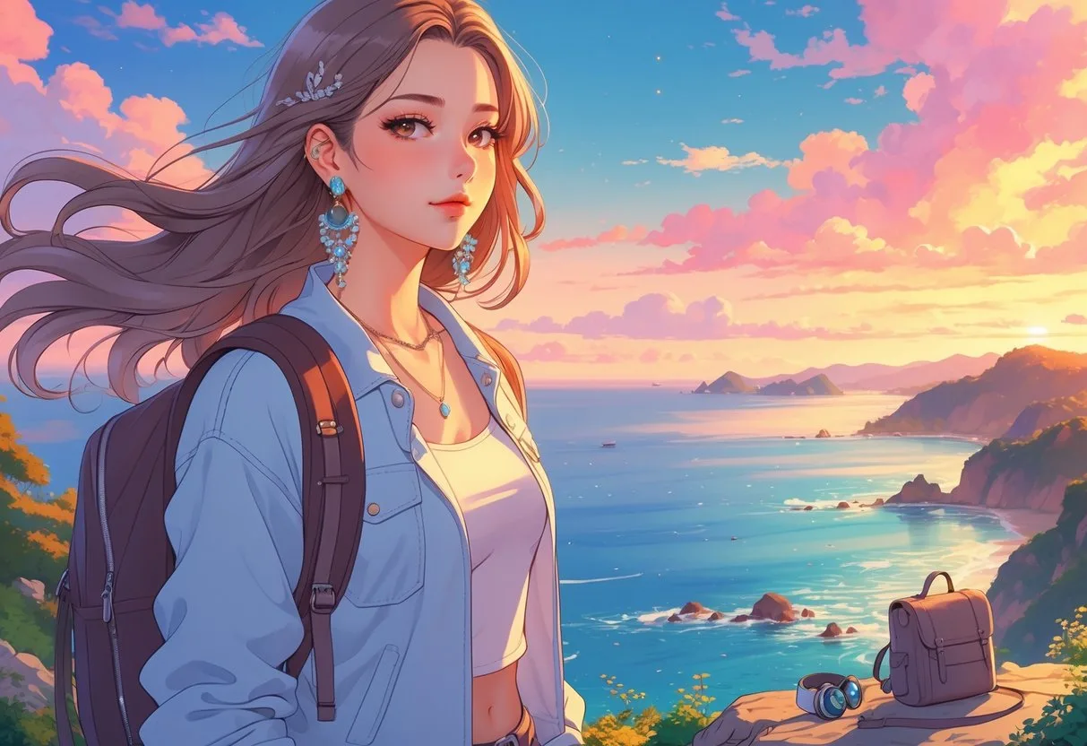 Une femme voyageuse debout au bord de la mer au coucher du soleil, portant des boucles d’oreilles élégantes et des vêtements de voyage pratiques.