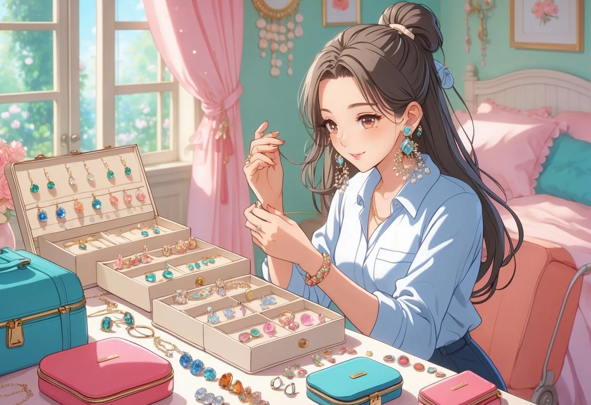 Une jeune femme organise ses boucles d’oreilles sur une coiffeuse avant de partir en voyage.