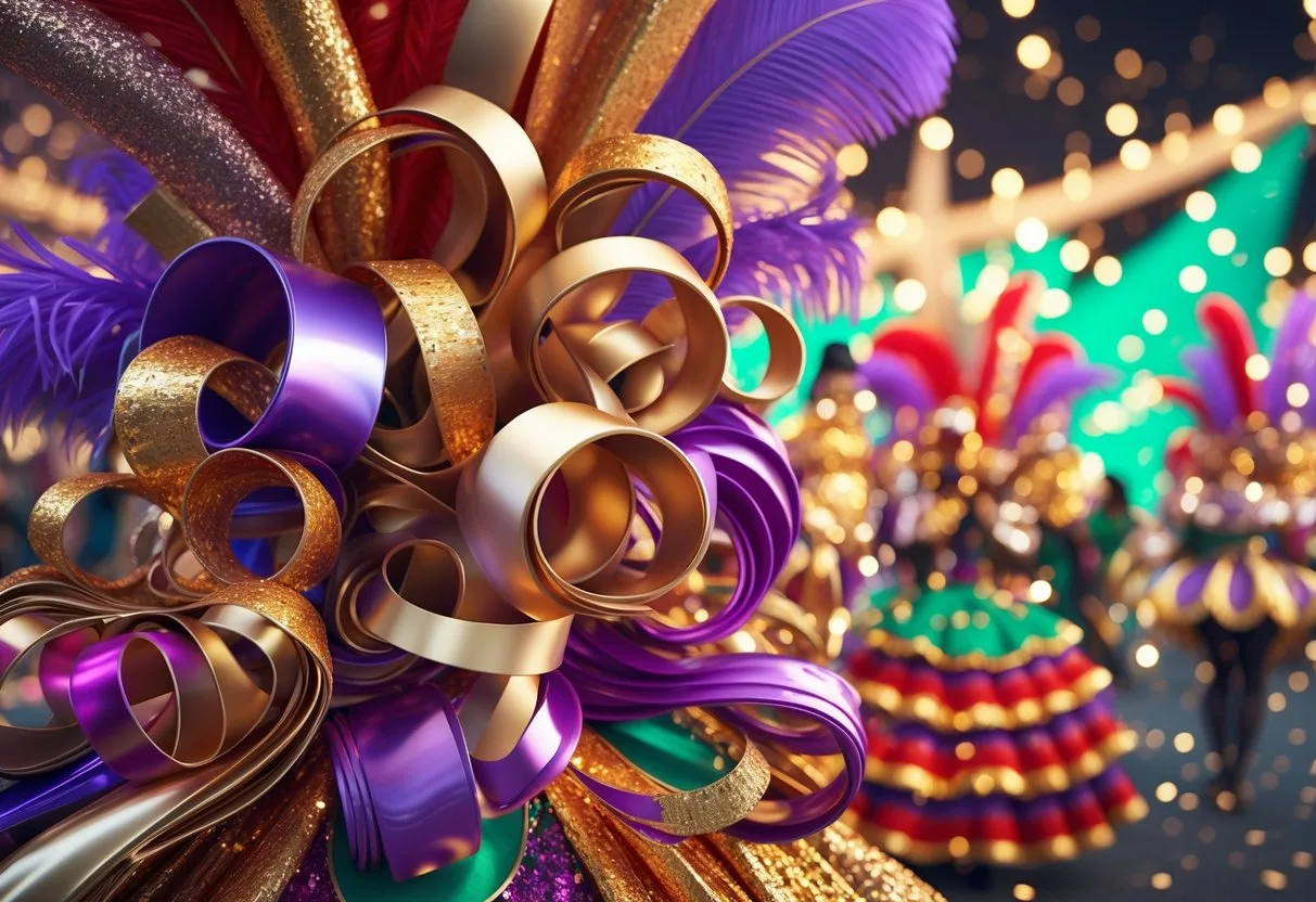 Scène de carnaval avec des costumes colorés ornés de boucles sculpturales et des danseurs en parade festive.