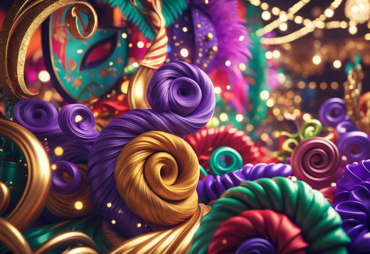 Scène colorée de carnaval avec des motifs en boucles décoratives, des masques, des plumes et des lumières festives.