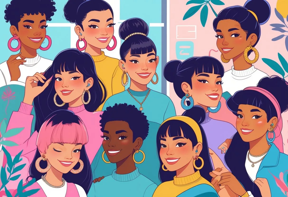 Un groupe de jeunes affichant fièrement leurs boucles d’oreilles variées dans un cadre urbain moderne.
