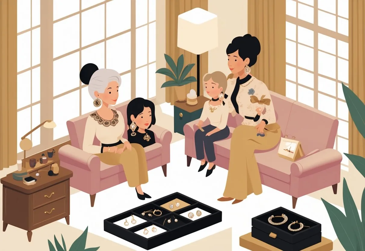 Trois femmes de différentes générations portant des boucles d’oreilles distinctes, dans un salon chaleureux avec des meubles élégants et une boîte à bijoux ouverte.