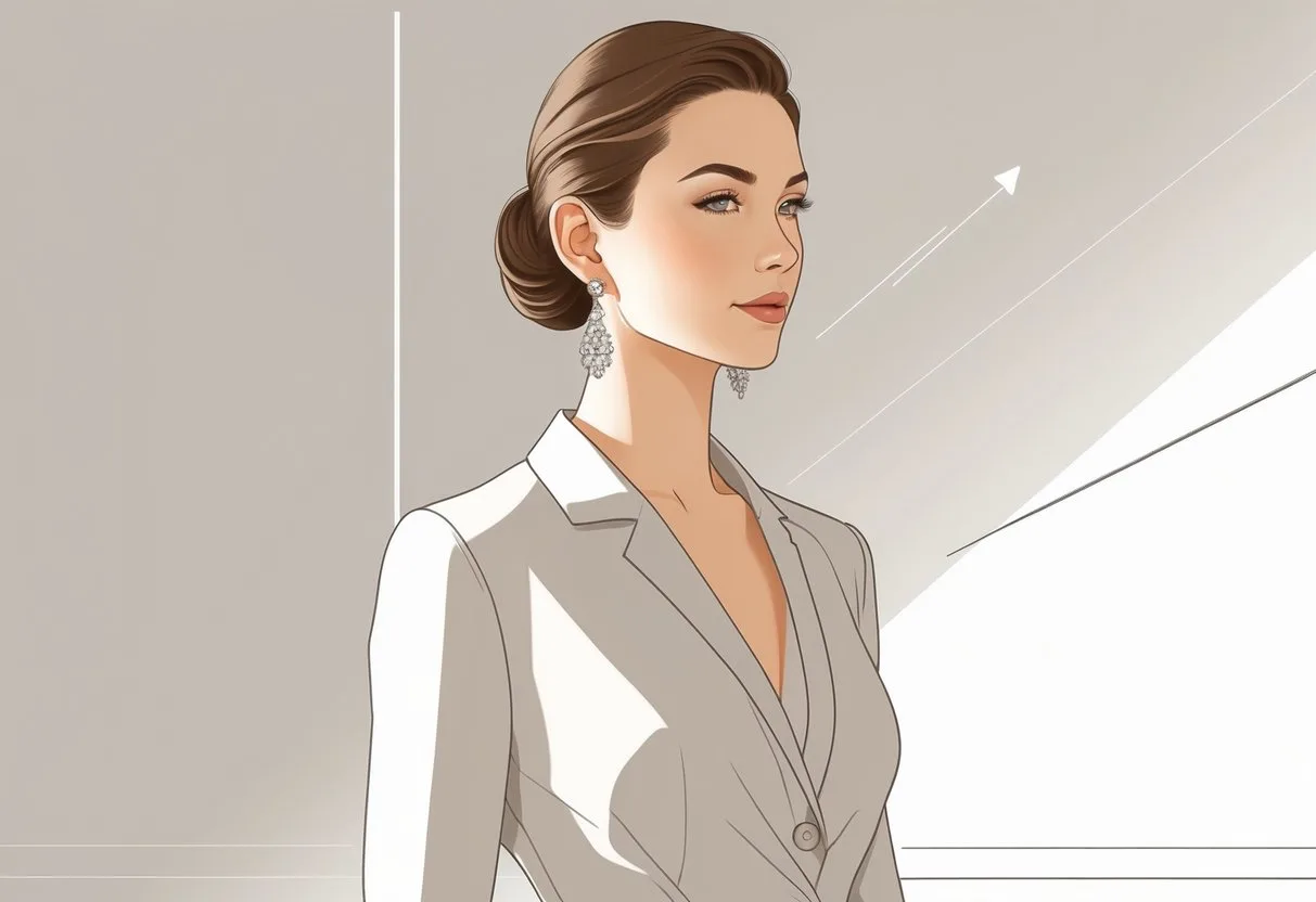 Une femme debout avec une posture droite, portant des boucles d’oreilles élégantes, mettant en valeur son cou et ses épaules.