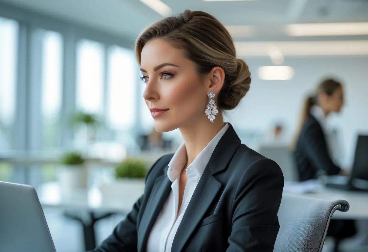 Une femme professionnelle portant des boucles d’oreilles élégantes dans un bureau moderne, assise à un bureau avec un ordinateur portable.