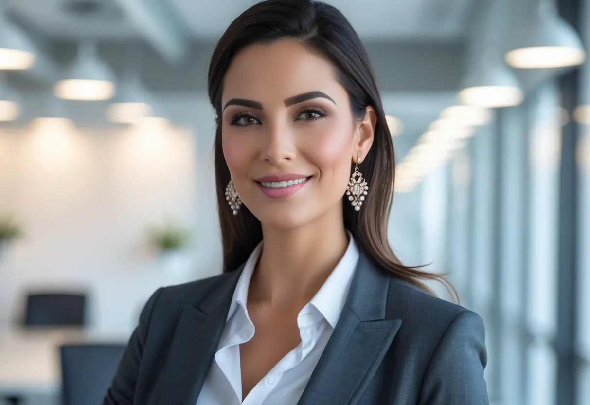 Femme professionnelle portant des boucles d’oreilles dans un bureau moderne et lumineux.
