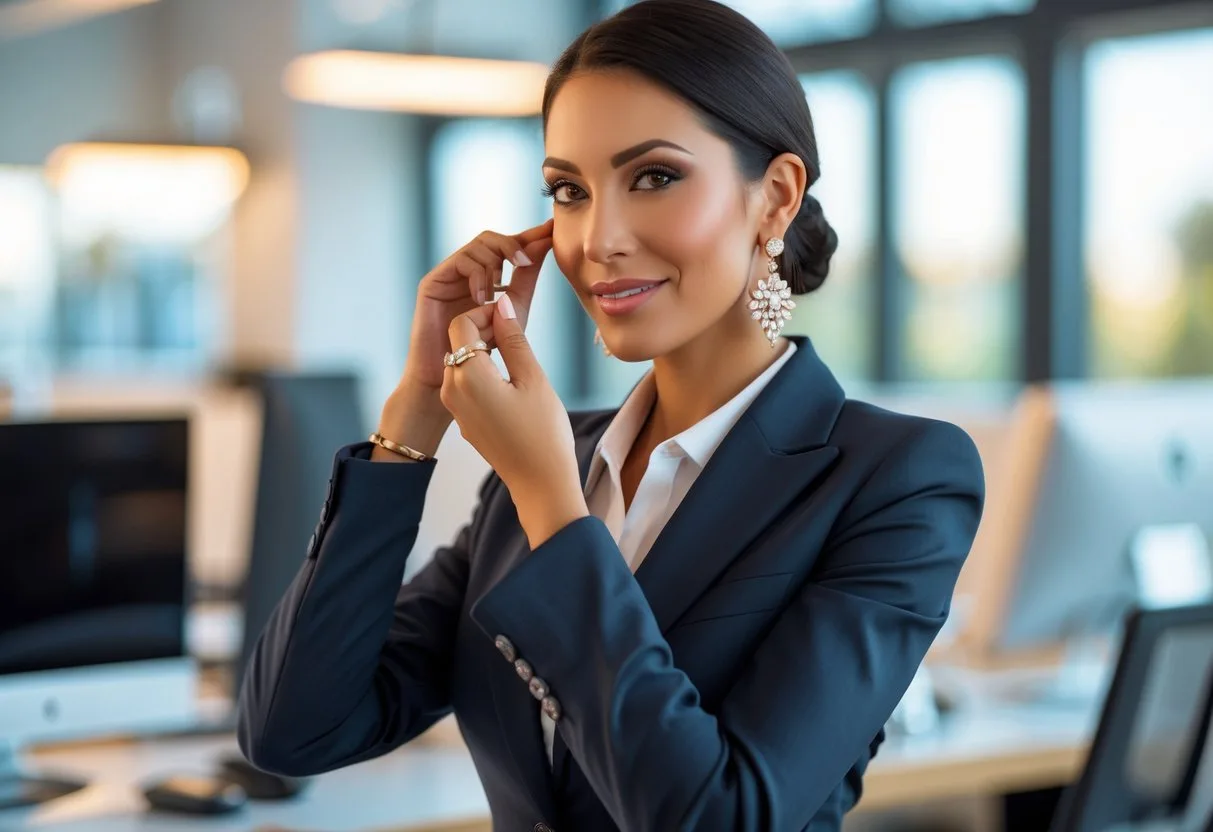 Une femme d'affaires ajustant ses boucles d'oreilles dans un bureau moderne, portant une tenue professionnelle élégante.