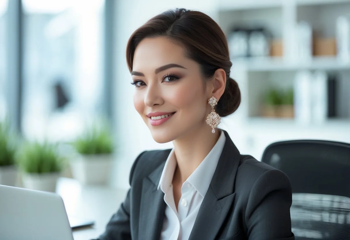 Une femme souriante portant des boucles d’oreilles élégantes dans un bureau moderne et lumineux.