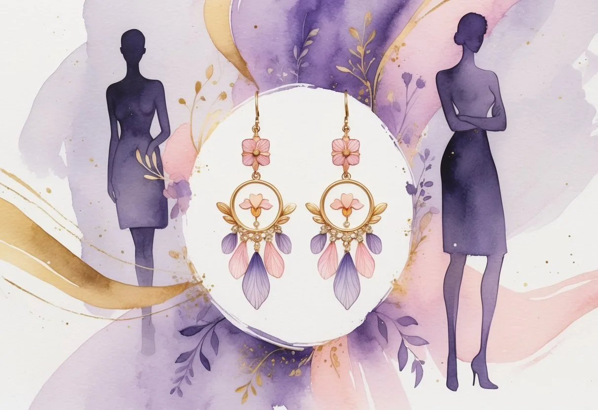 Des boucles d’oreilles élégantes entourées de silhouettes de femmes confiantes en arrière-plan.