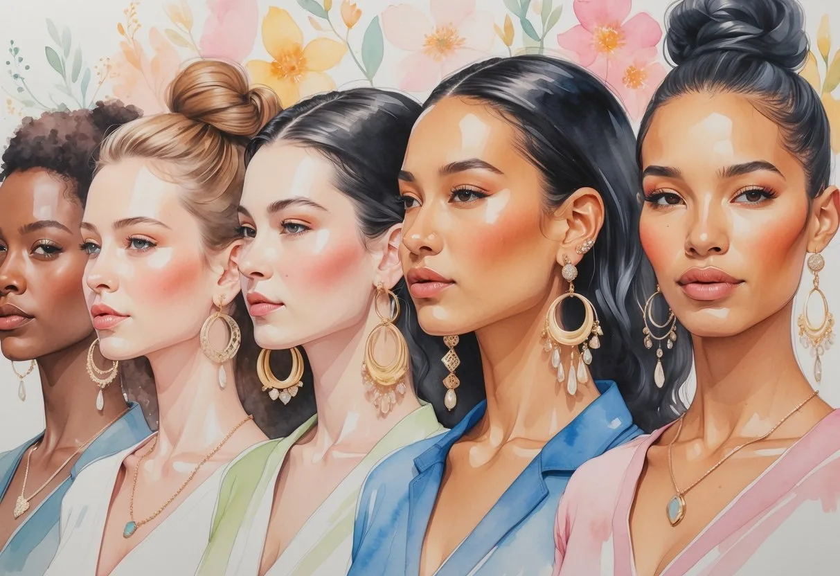 Un groupe de femmes diverses portant des boucles d’oreilles élégantes, symbolisant la force et la confiance.