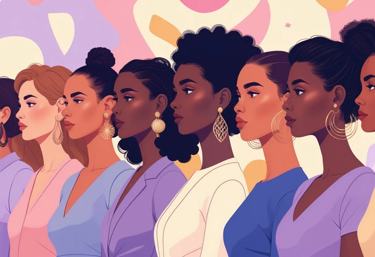 Un groupe de femmes diverses portant des boucles d’oreilles, debout ensemble en signe de solidarité pour la Journée des droits des femmes.