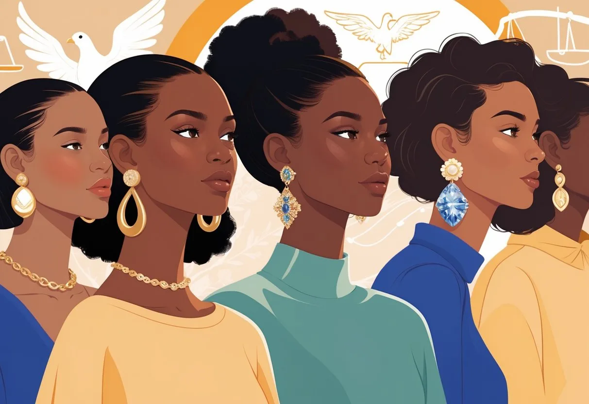 Un groupe de personnes diverses portant des boucles d’oreilles élégantes, exprimant la confiance en soi et l’affirmation des droits humains.