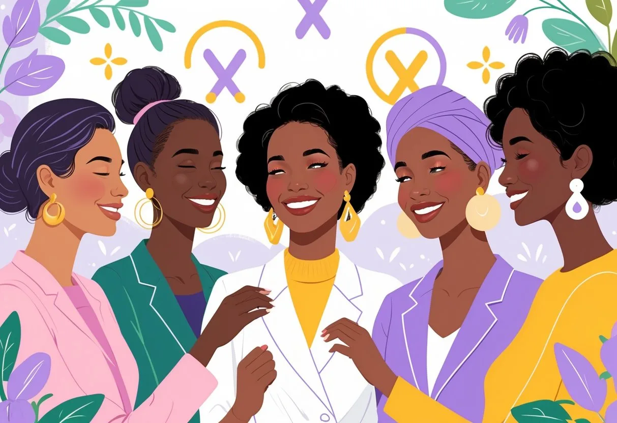 Trois femmes de différentes origines portant des boucles d’oreilles variées, souriantes dans un cadre lumineux avec des motifs symbolisant les droits des femmes.