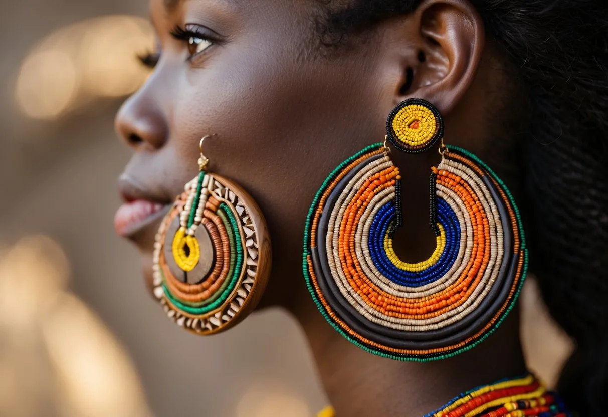 Gros plan sur une oreille féminine portant des boucles d’oreilles africaines traditionnelles aux matériaux naturels et aux motifs colorés.
