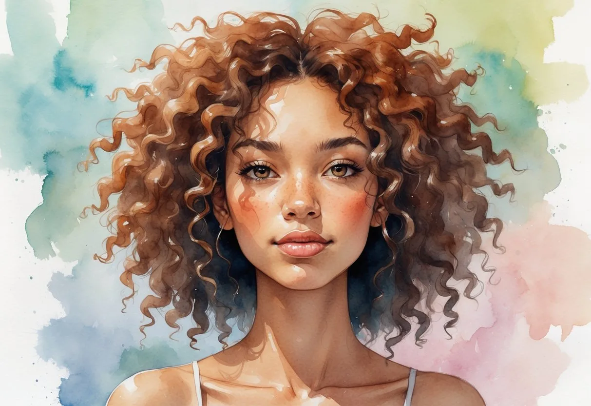 Portrait rapproché d'une personne avec des boucles naturelles visibles sur la tête et les épaules, dans un décor aux couleurs douces et apaisantes.