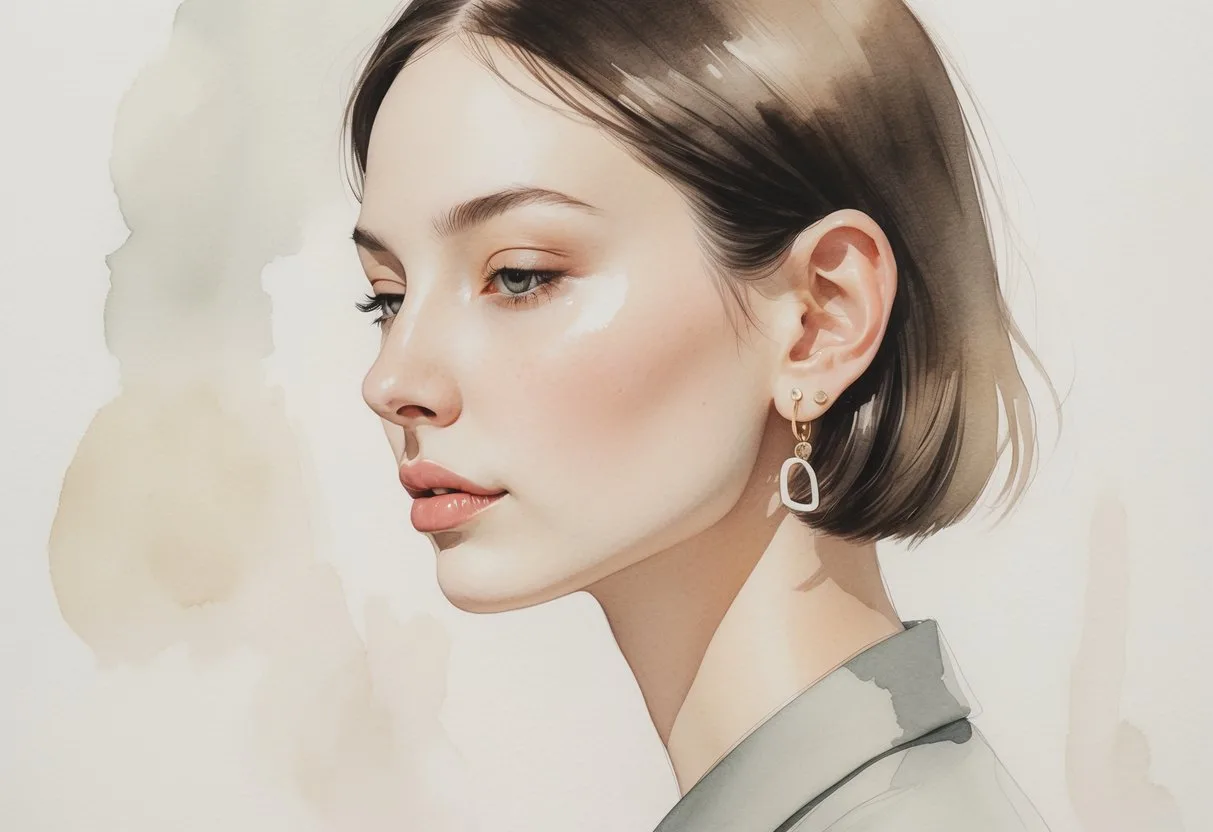 Femme portant une seule boucle d'oreille, avec une expression sereine et un fond doux et clair.