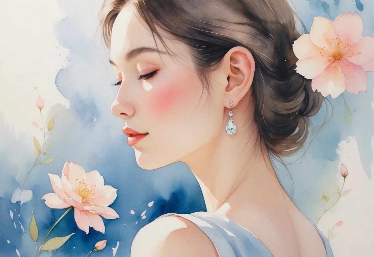 Femme élégante montrant une seule boucle d'oreille, vue de profil avec un fond doux et floral.