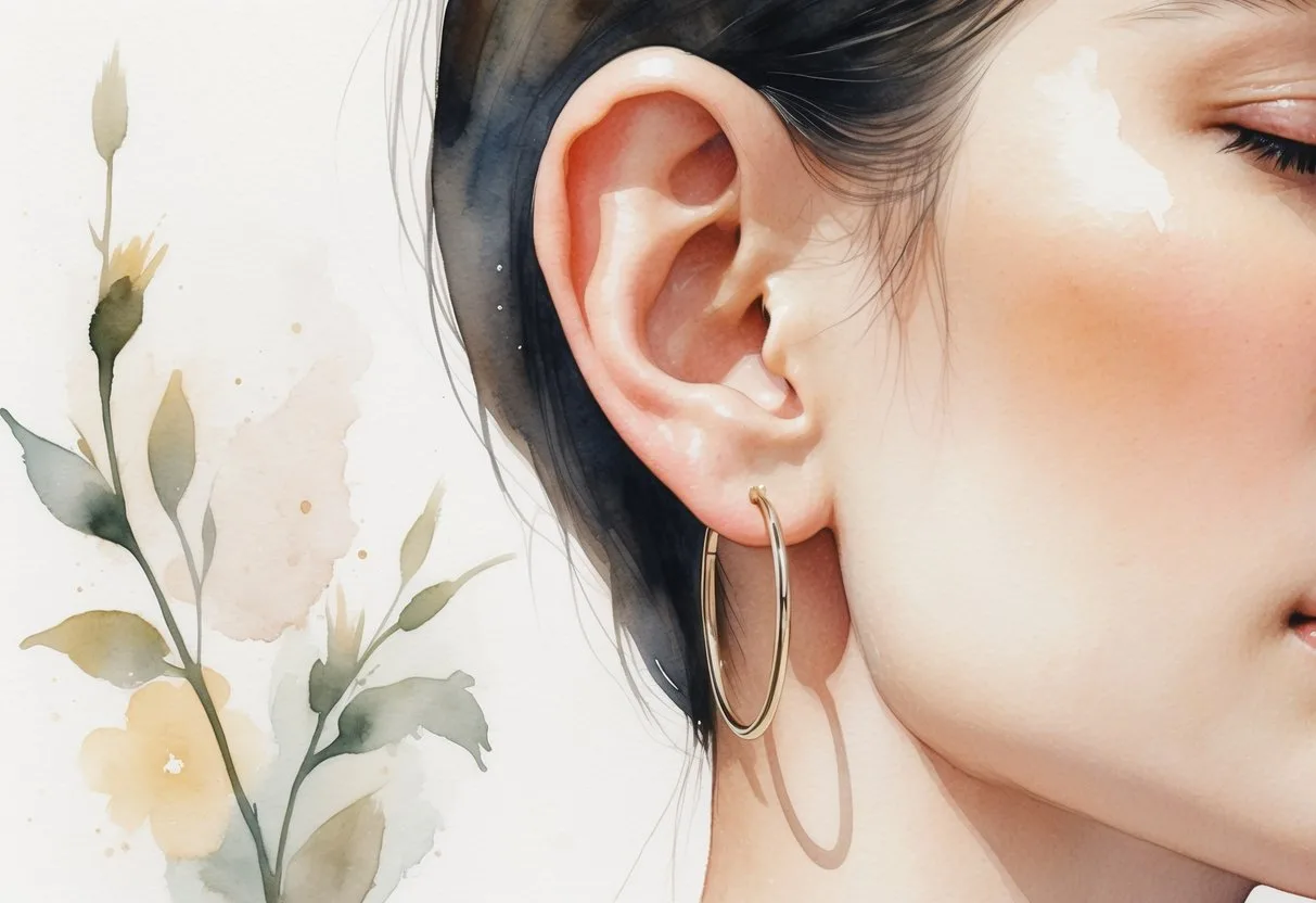 Gros plan sur une oreille portant une seule boucle d'oreille en forme de cercle, avec un fond doux et épuré.