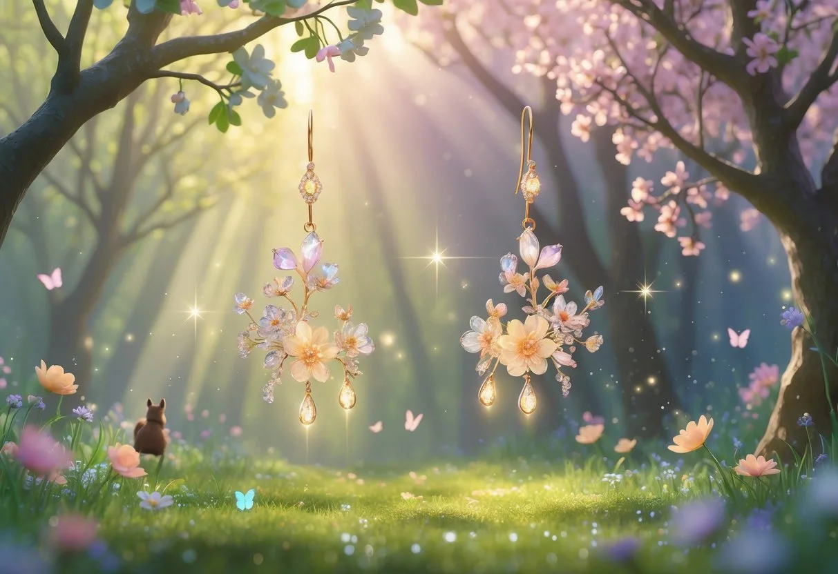 Une scène printanière avec des boucles d’oreilles lumineuses flottant parmi des fleurs et des arbres en fleurs sous une lumière douce.