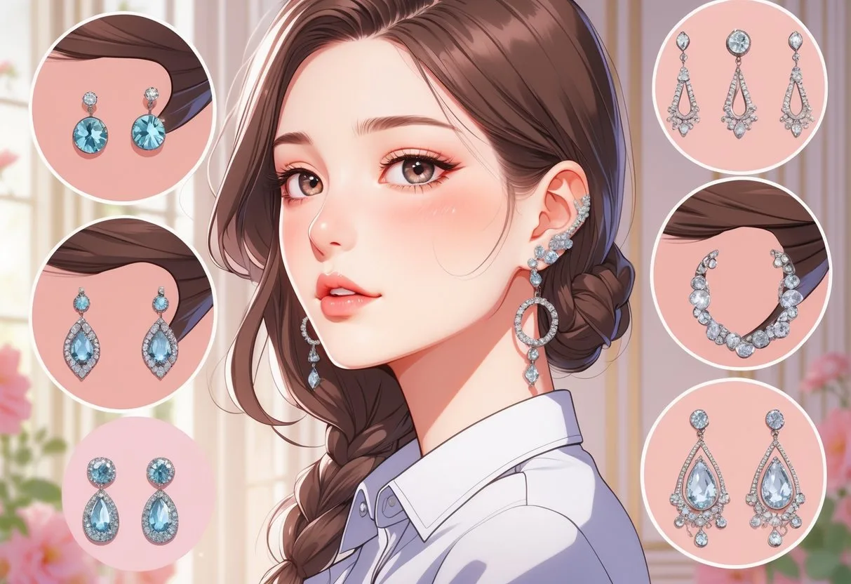 Une jeune femme porte plusieurs styles de boucles d’oreilles différentes dans une pièce élégante et lumineuse.