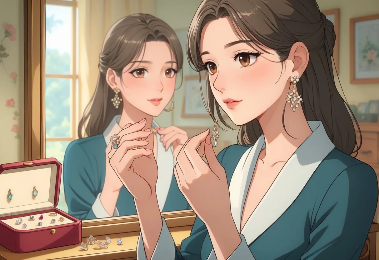 Une jeune femme regarde son reflet dans un miroir en choisissant des boucles d’oreilles dans une pièce chaleureuse.