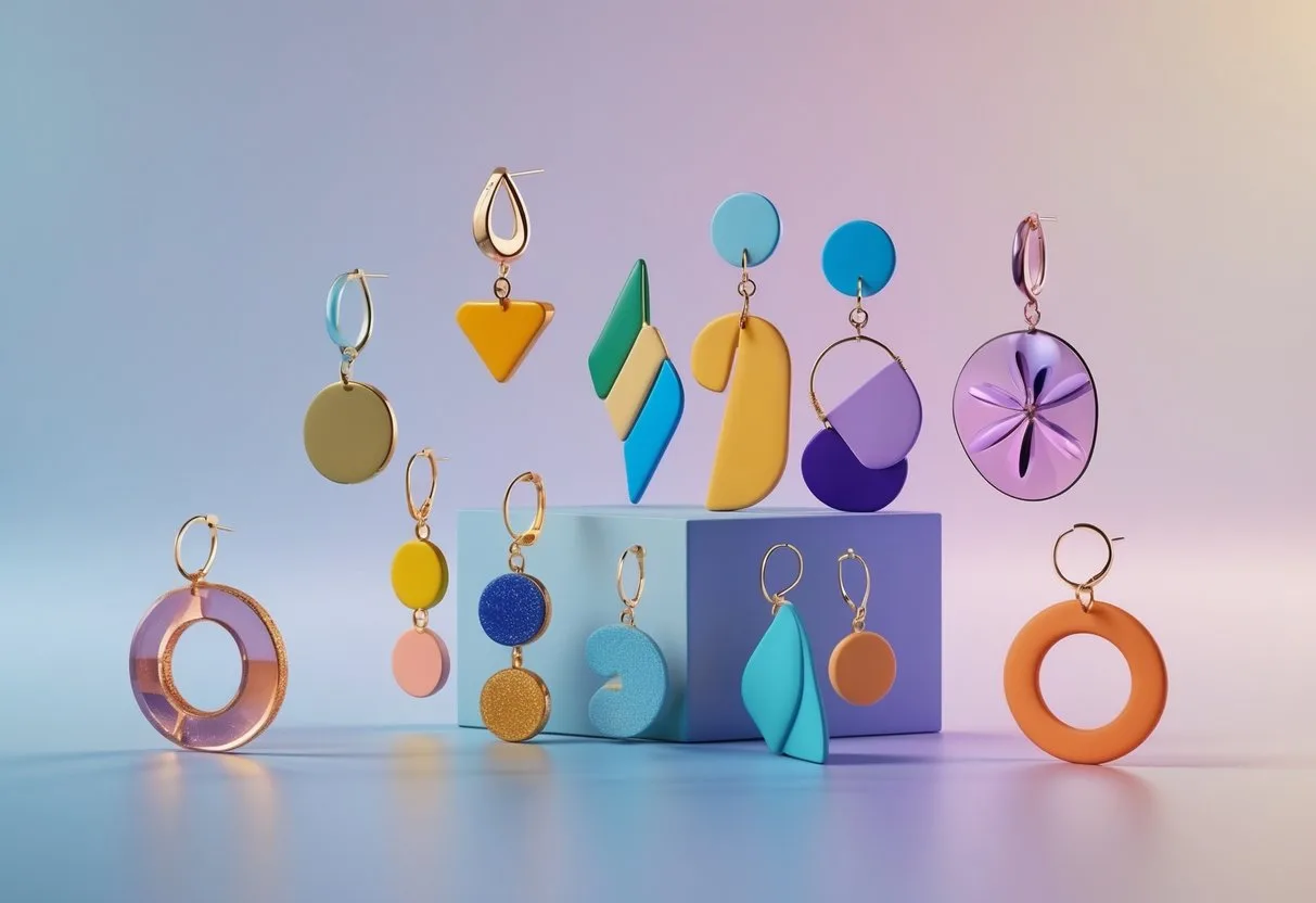 Une présentation de boucles d’oreilles modernes et artistiques disposées sur un socle minimaliste avec un fond aux tons pastels.