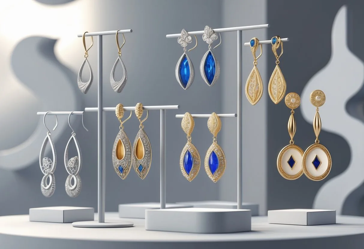Une présentation d’oreilles avec plusieurs boucles d’oreilles élégantes exposées sur des supports modernes, mettant en valeur leur design et leur matériau.