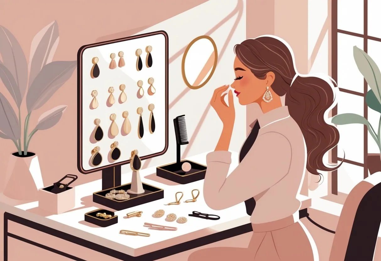 Une femme touche doucement ses boucles d’oreilles près d’une coiffeuse avec des accessoires pour cheveux et plusieurs paires de boucles d’oreilles exposées.