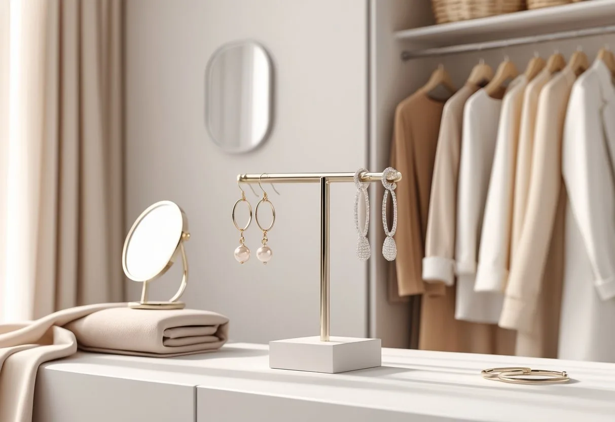 Une armoire organisée avec des vêtements minimalistes et un présentoir d'oreilles mettant en valeur différentes boucles d’oreilles assorties.
