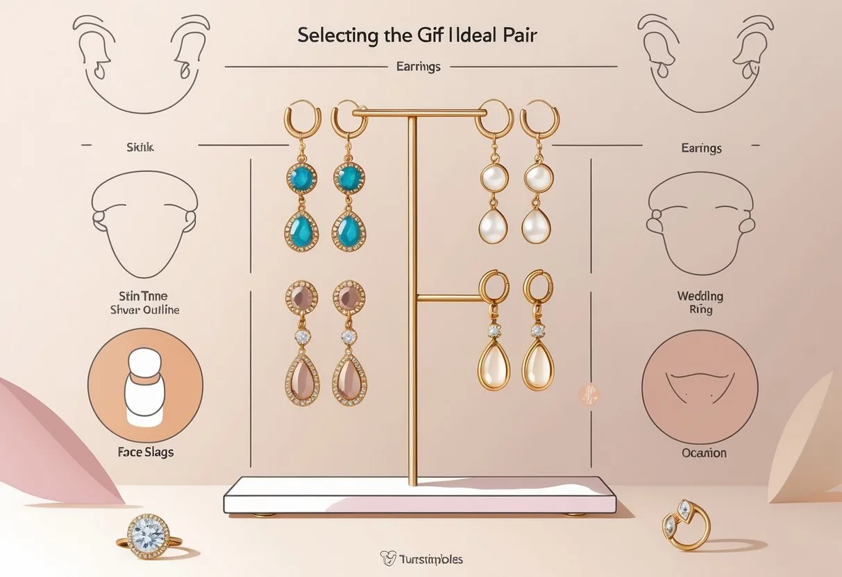 Une présentation d’une sélection variée de boucles d’oreilles sur un présentoir avec des éléments illustrant les critères de choix comme le teint de peau, la forme du visage et les occasions.
