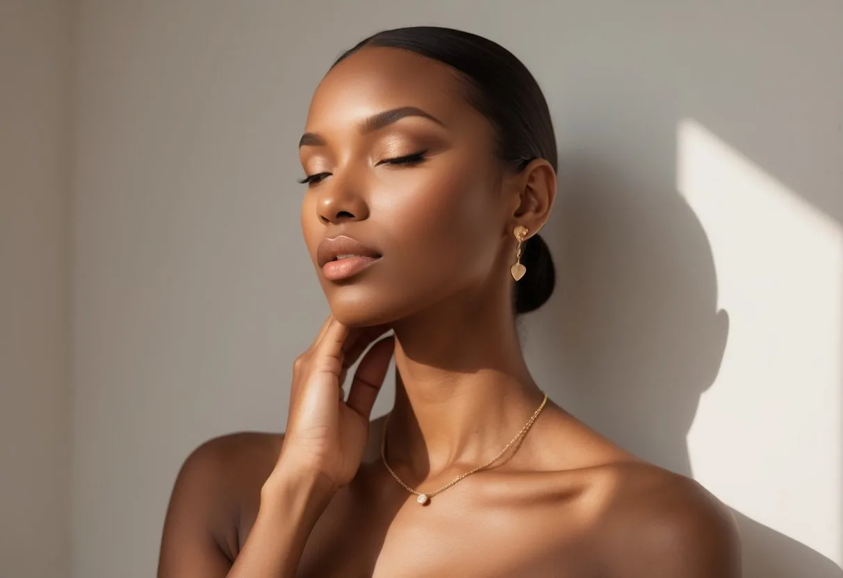 Une femme confiante touche délicatement son cou orné de bijoux élégants, mettant en valeur sa peau lumineuse.